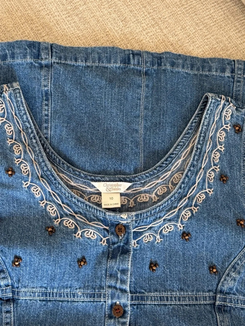 Vintage Christopher & Banks Embroidered Denim Button-Front Midi Dress Size 10